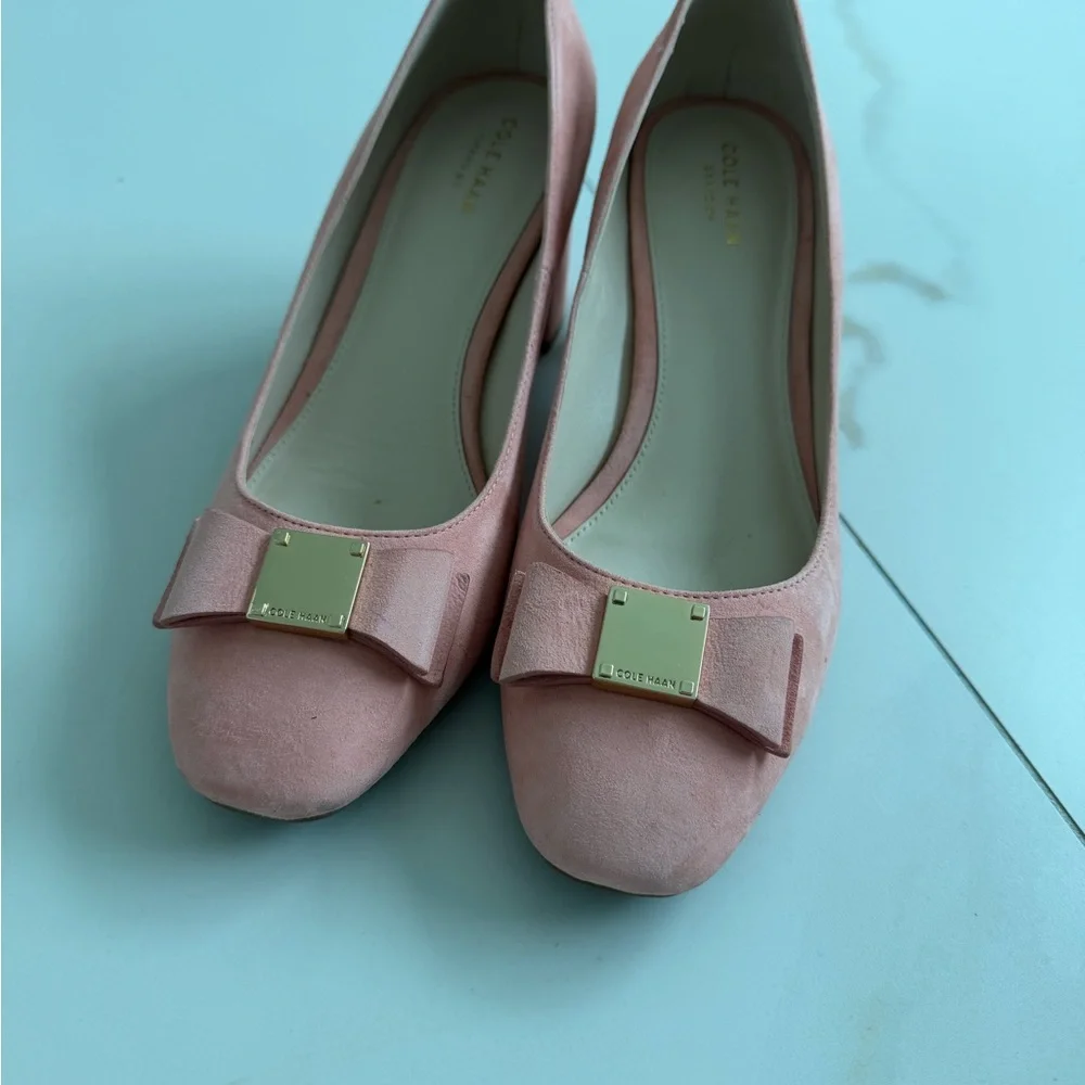 Cole Haan Blush Suede Bow Block Heel Pumps